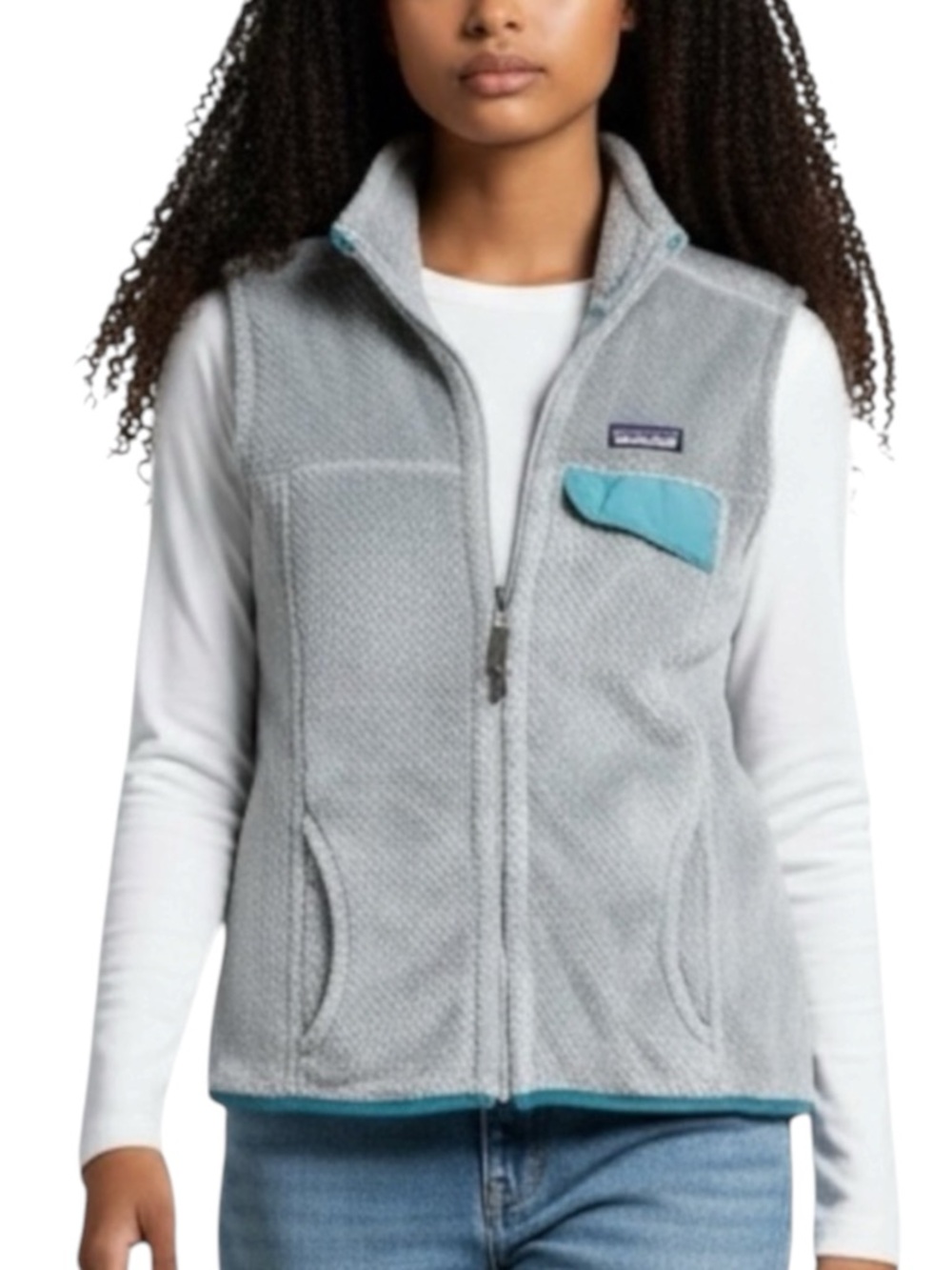 PATAGONIA Re-Tool Fleece Full Zip Vest in Gray w/ Teal Trim Size Small